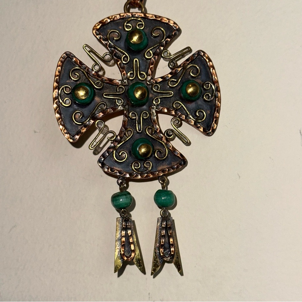 Vintage 1960s Casa MAYA Mexico Necklace Copper Brass Green Glass Maltese Cross